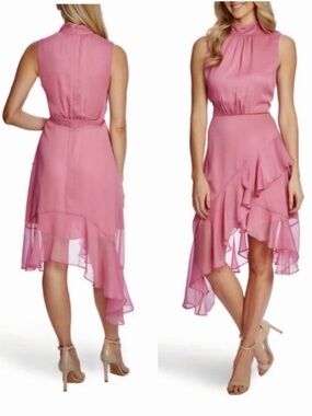 NWOT Pink mesh chiffon ruffle asymmetrical midi summer flowy dress
